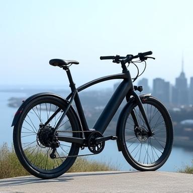 A sleek, modern electric bicycle parked overlooking a city skyline.