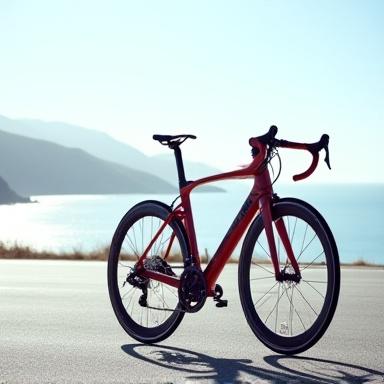 A sleek, lightweight road bike parked on a scenic road.