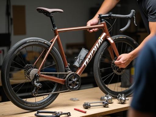 A custom-built gravel bike frame being assembled.