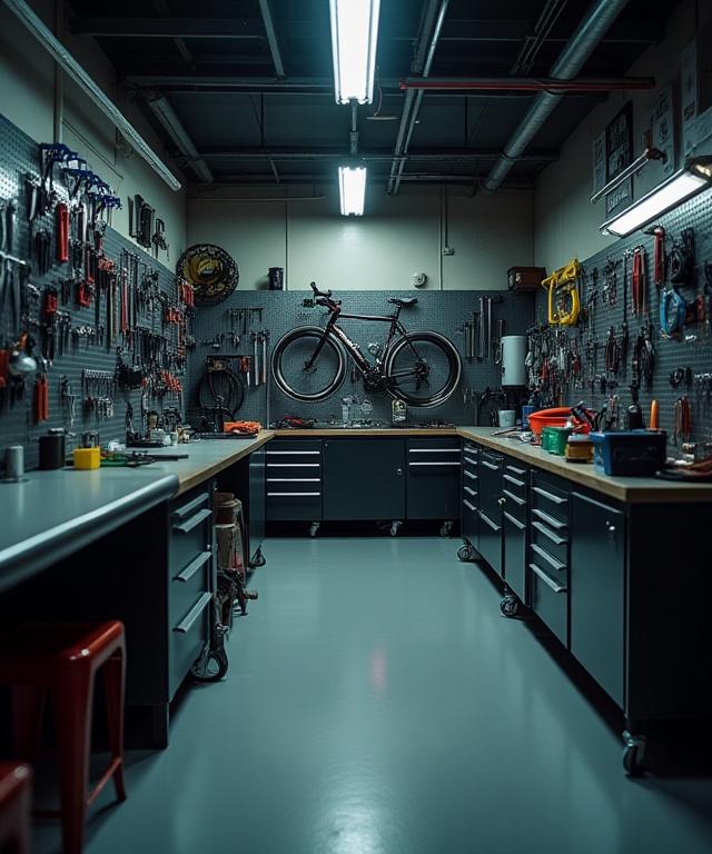 The clean and organized Oceanic Gears workshop with finely arranged tools.